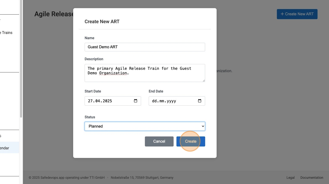Click the Create button to finalize the ART