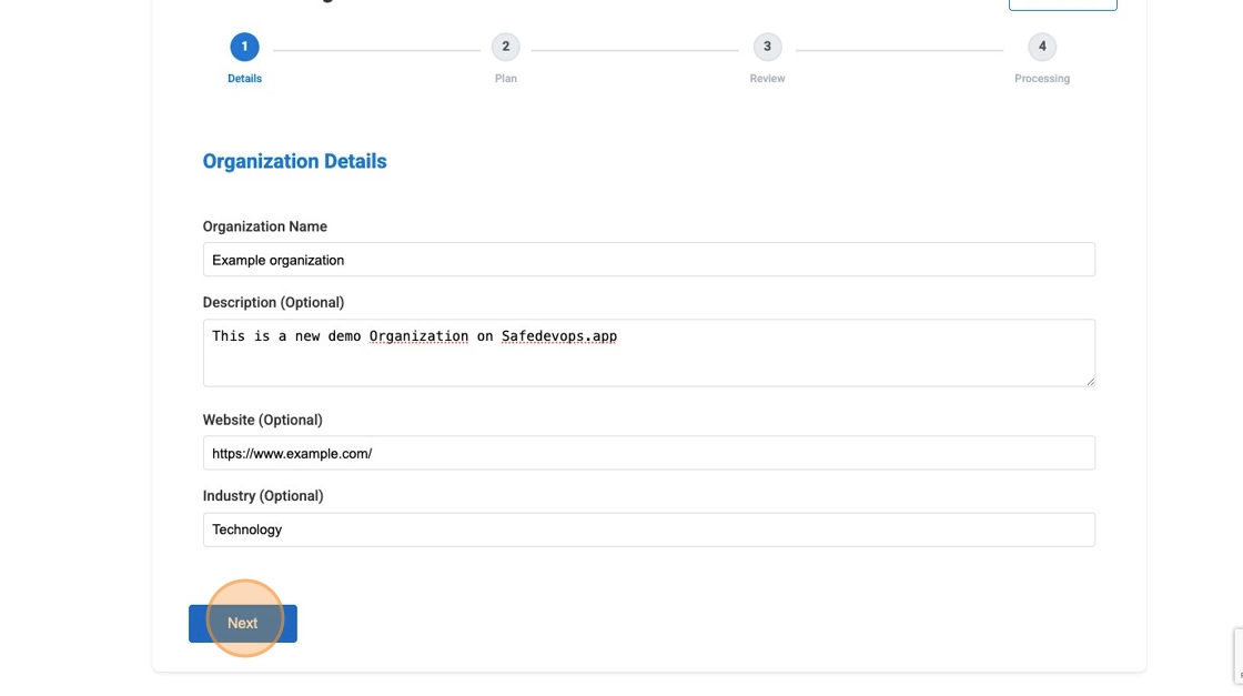 Screenshot of the organization details form