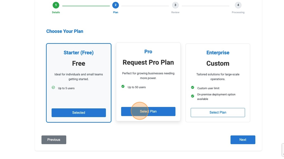 Screenshot showing the plan selection options