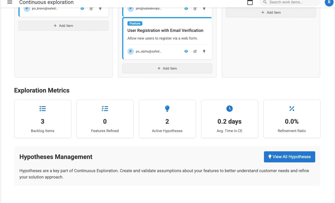 Screenshot showing the Continuous Exploration dashboard with backlog items and metrics