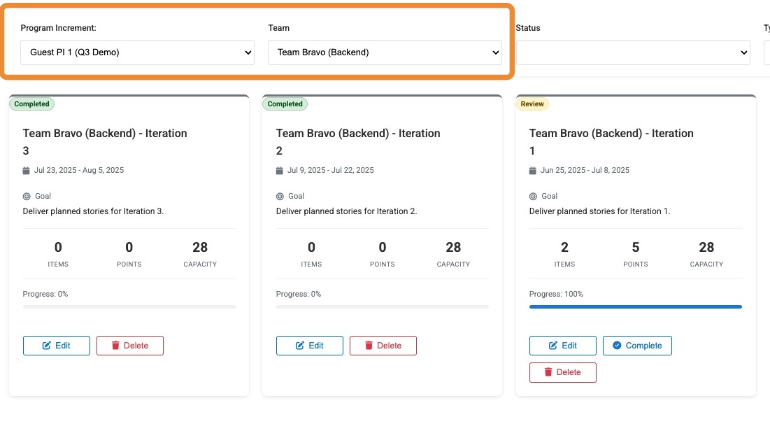Screenshot of the Iterations filter bar, showing options for PI, Team, Status, and Type.