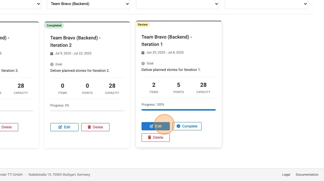 Screenshot of an Iteration card with its details and action buttons like Edit, Start, and Add Work Items.