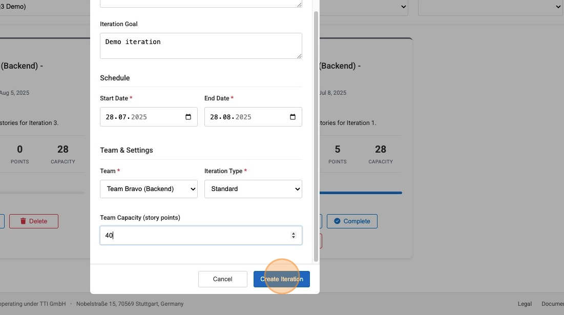 Screenshot of the Create Iteration form dialog.