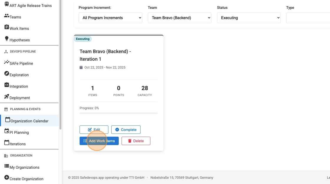 Screenshot highlighting the 'Add Work Items' button on an iteration card.