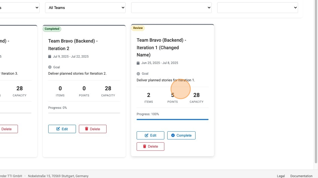 Screenshot of the Work Items page filtered for a specific iteration, showing the list of stories and tasks.