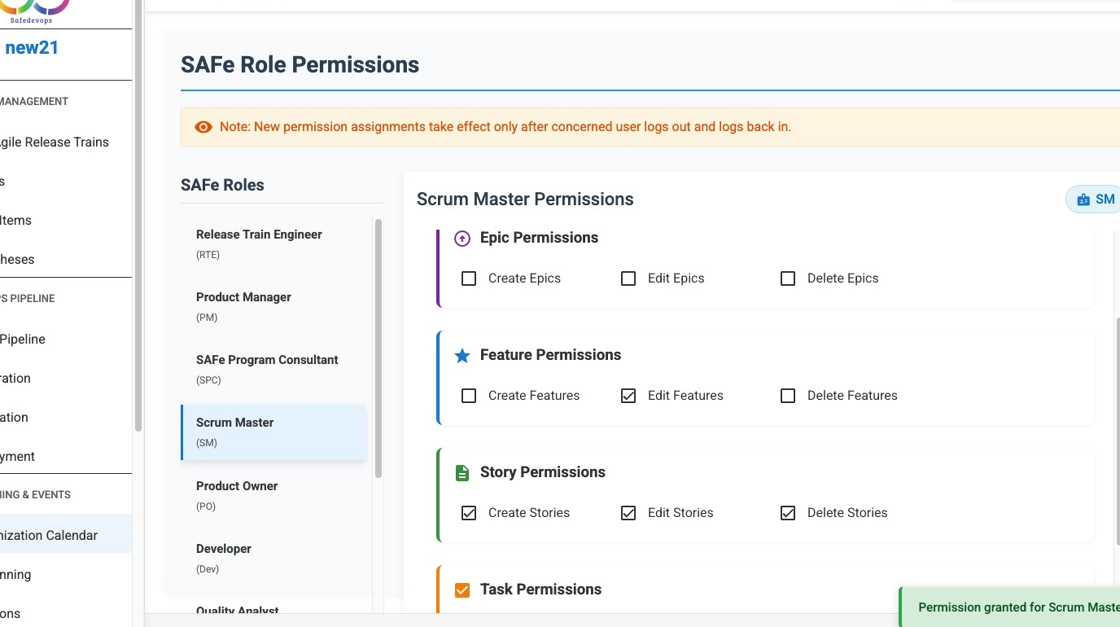 Success notification confirming the permission was granted to the Scrum Master.