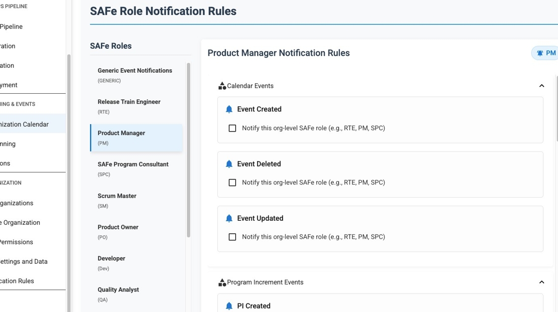 Navigate to Notification Rules showing the SAFe roles list