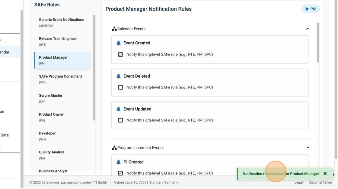 Success notification confirming the rule was enabled for the Product Manager