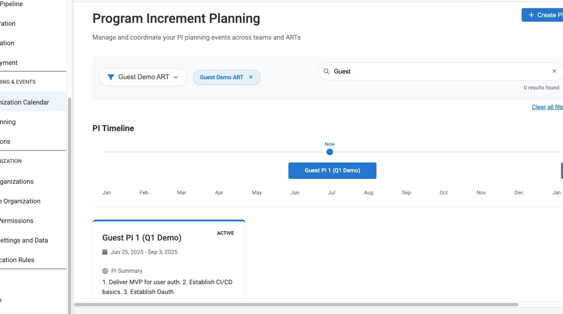 Screenshot of the PI Planning dashboard showing filter options and PI cards.