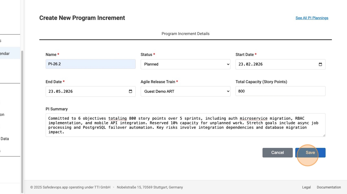 Screenshot of the PI Details form for creating or editing a Program Increment.