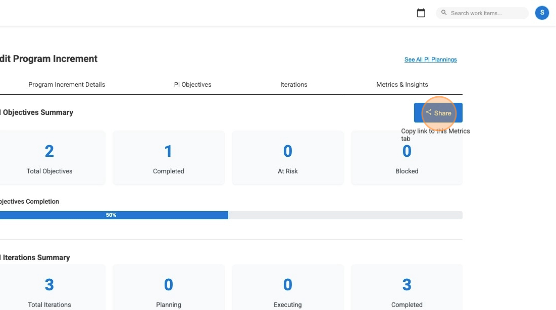 Screenshot of the Metrics & Insights tab, showing progress charts for objectives and iterations.