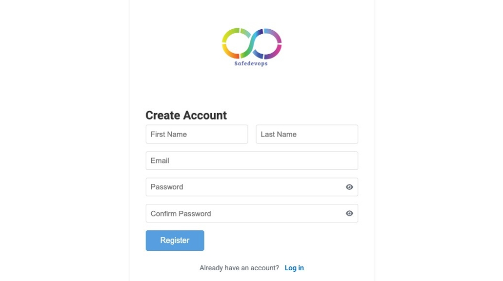Screenshot of the Safedevops App registration page