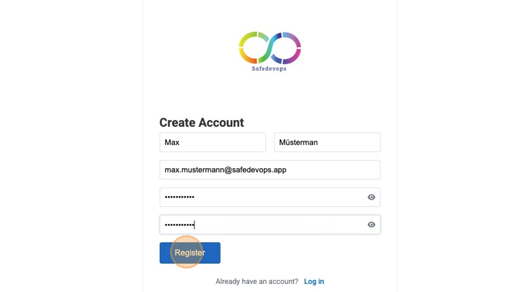 Screenshot of the registration form with user details and Register button