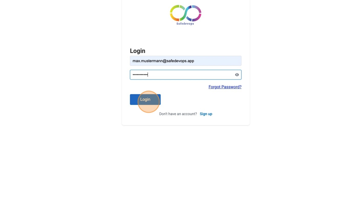 Screenshot of the Safedevops App login page