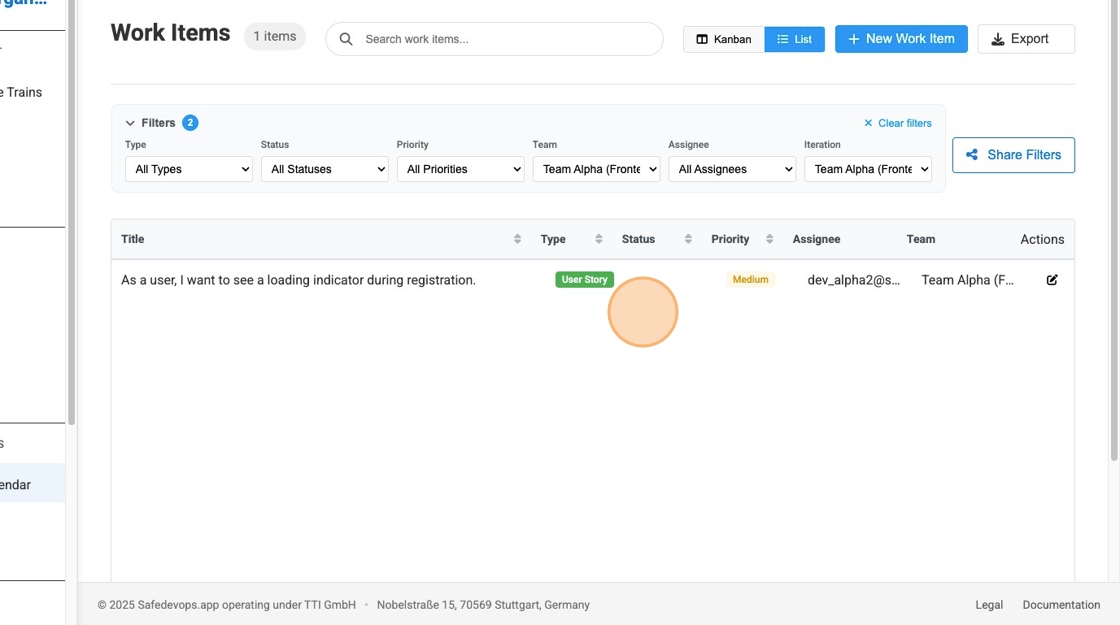 Screenshot showing iteration filter being applied, demonstrating how the interface transforms into an iteration-focused board view displaying only work items assigned to the selected iteration