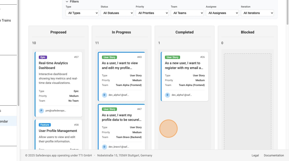 Screenshot showing the kanban board view with work items organized in status columns including Proposed, In Progress, Completed, and Blocked columns