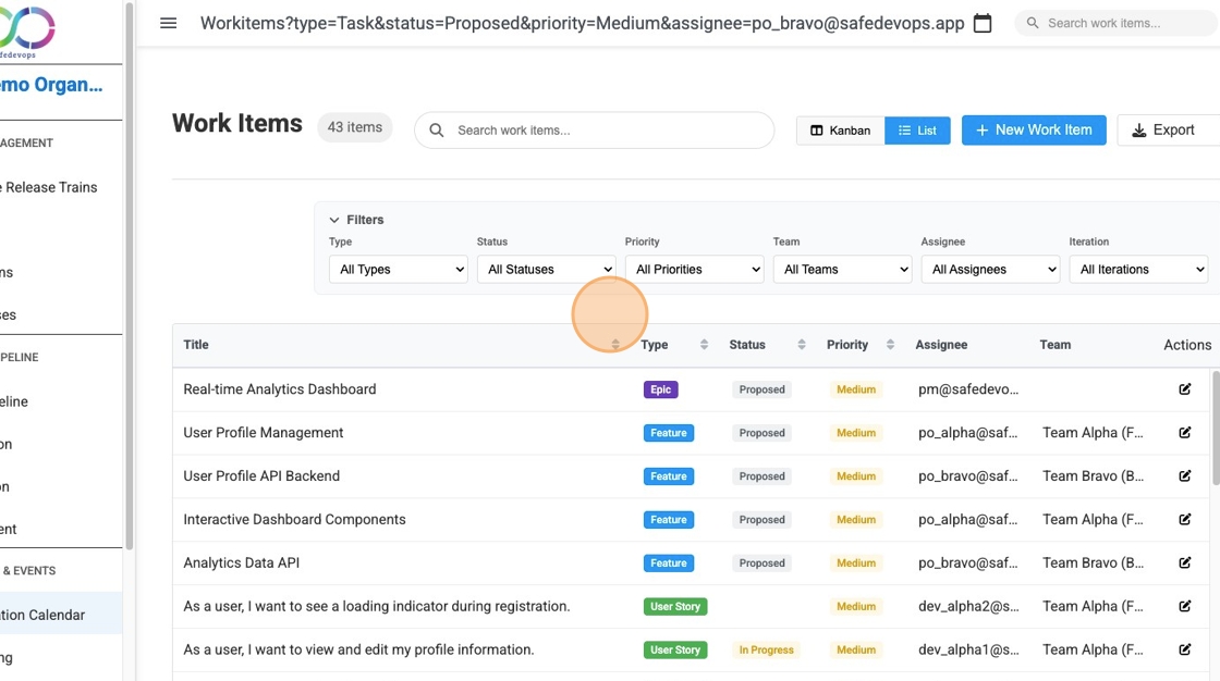 Screenshot showing the comprehensive work items list view with detailed columns displaying Title, Type, Status, Priority, Assignee, and Team information in a tabular format