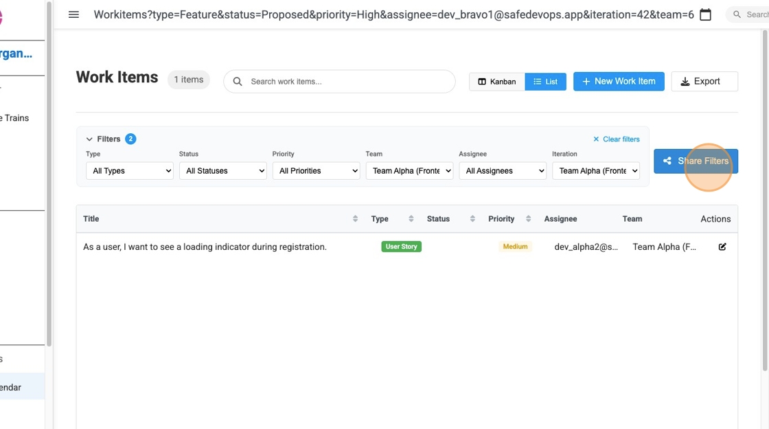 Screenshot highlighting the Share Filter button and URL sharing functionality, demonstrating how teams can share specific filter combinations for collaborative work item management