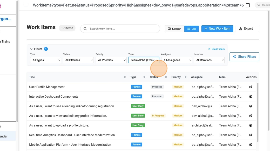 Screenshot demonstrating team filter being applied, showing the filter dropdown with team selection and the resulting filtered view of work items specific to the selected team